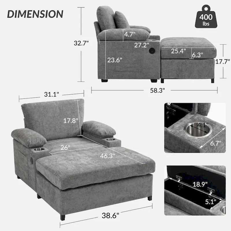 Chenille Oversized Chair Set with Ottoman and USB Charging Port 16