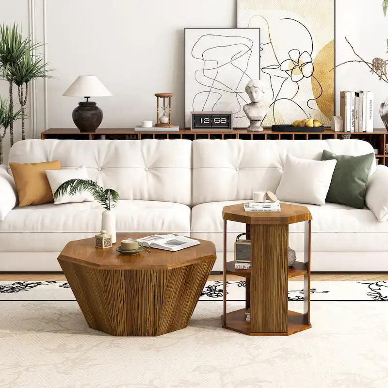 Set of 2 Octagonal Rubber Wood Coffee Tables - 31.5 Inches 2