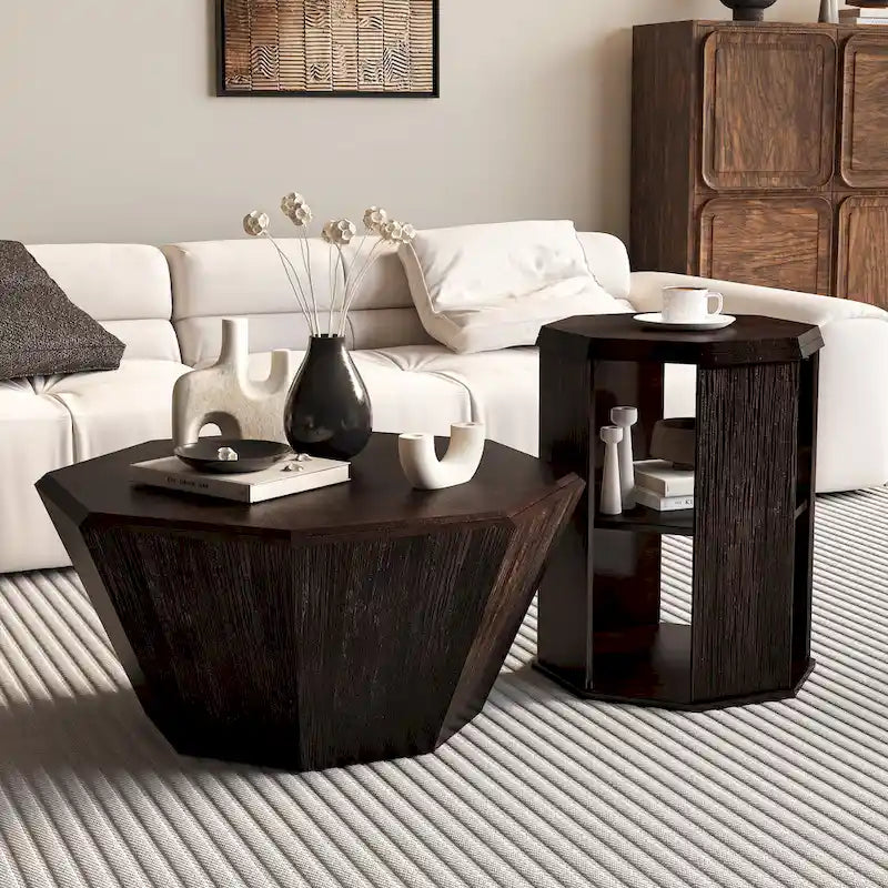 Set of 2 Octagonal Rubber Wood Coffee Tables - 31.5 Inches 3