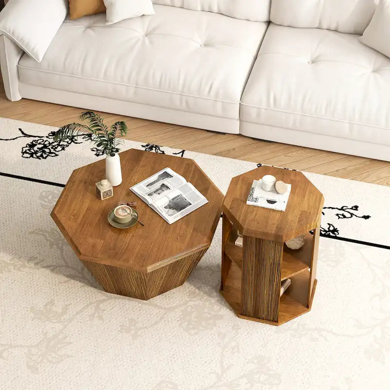 Set of 2 Octagonal Rubber Wood Coffee Tables - 31.5 Inches 6