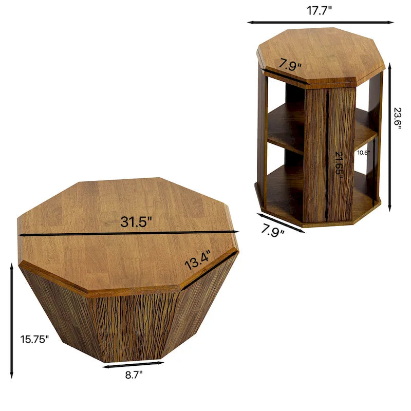Set of 2 Octagonal Rubber Wood Coffee Tables - 31.5 Inches 7
