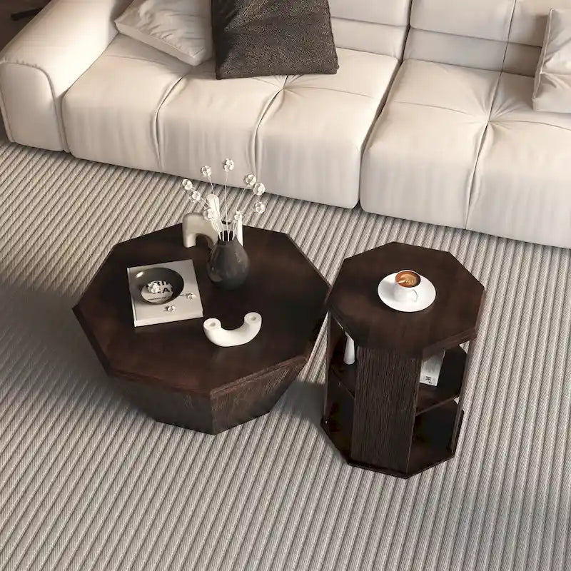 Set of 2 Octagonal Rubber Wood Coffee Tables - 31.5 Inches 14