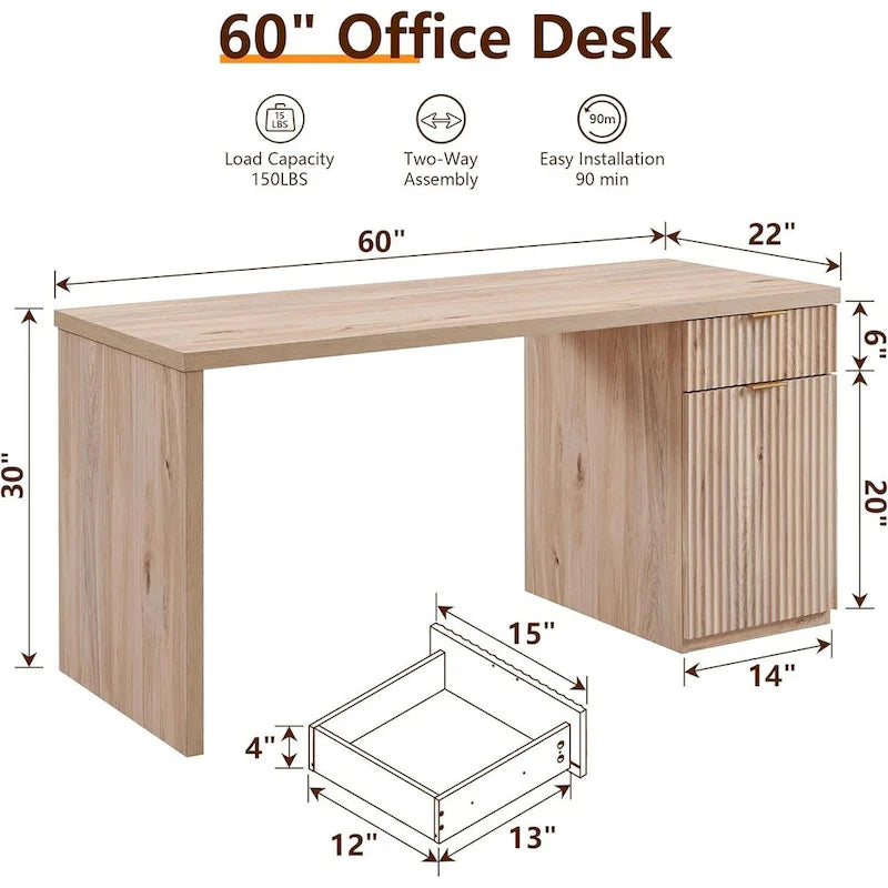 60-Inch Contemporary Executive Desk - Wooden Home Office & Fluted Computer Desk 2
