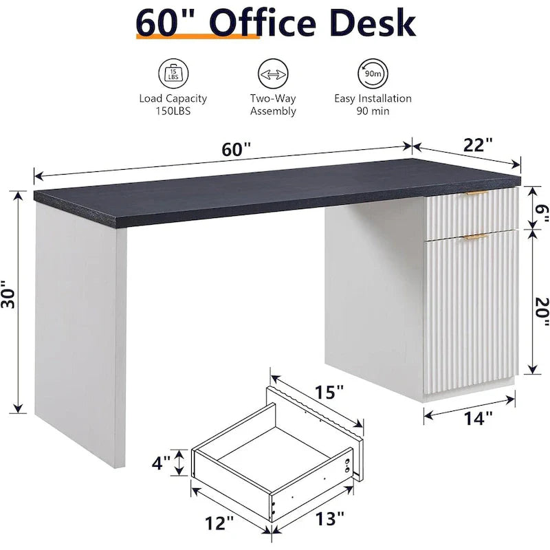 60-Inch Contemporary Executive Desk - Wooden Home Office & Fluted Computer Desk 8