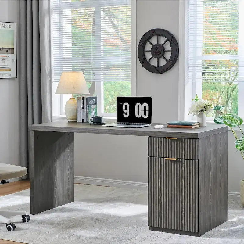 60-Inch Contemporary Executive Desk - Wooden Home Office & Fluted Computer Desk 13