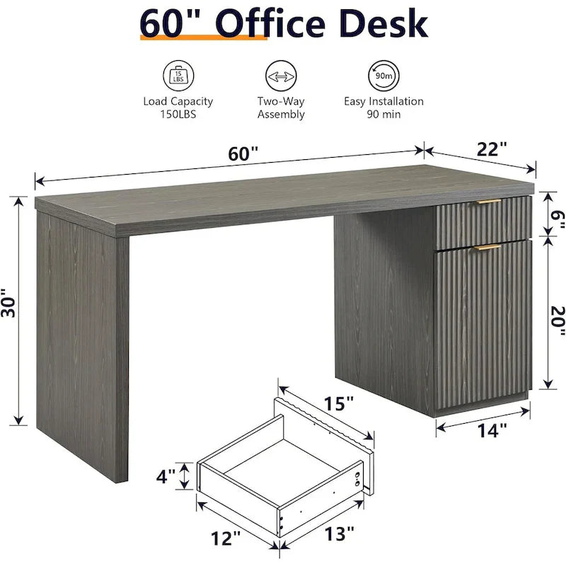 60-Inch Contemporary Executive Desk - Wooden Home Office & Fluted Computer Desk 14