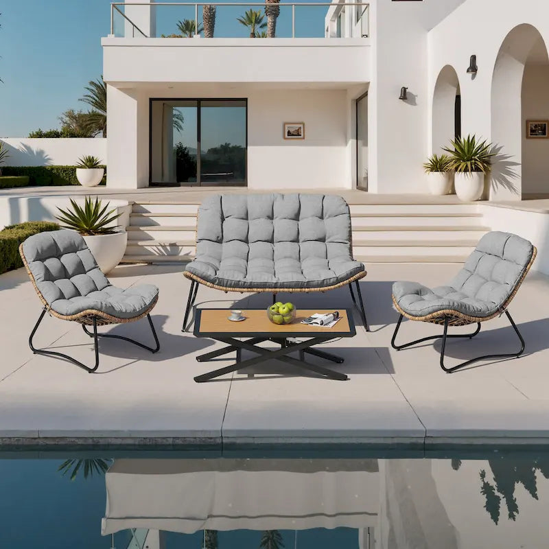 3-Piece Outdoor Cushioned Papasan Chair Set: Double Loveseat with Two Single Chairs - See Image 17