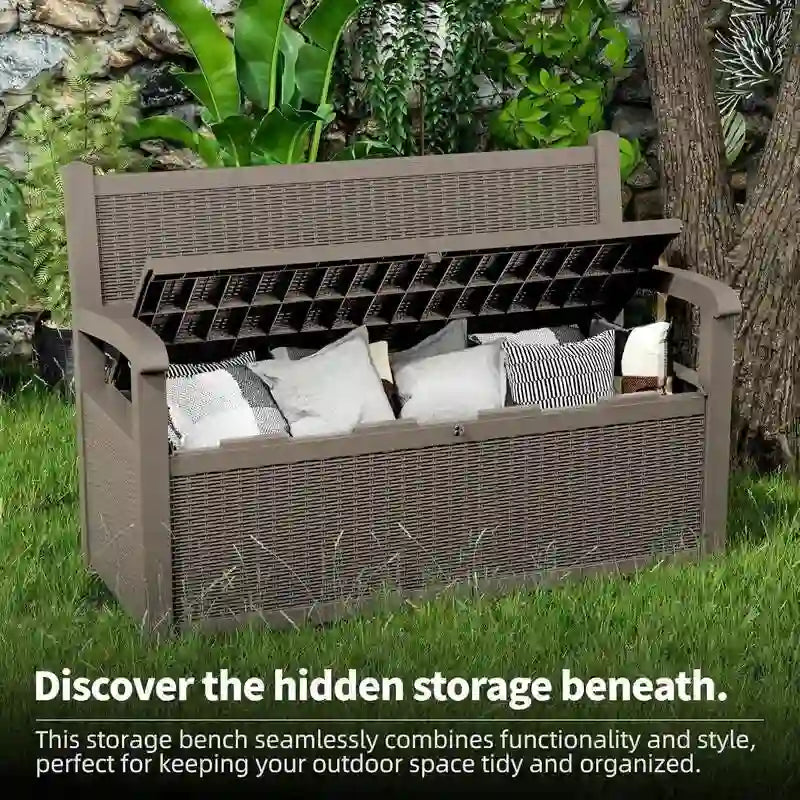 Durable All-Weather Resin Storage Bench with Lockable Hidden Compartment - Rattan-Style Design, 500 lbs Weight Capacity, 70-Gallon Storage Space 4