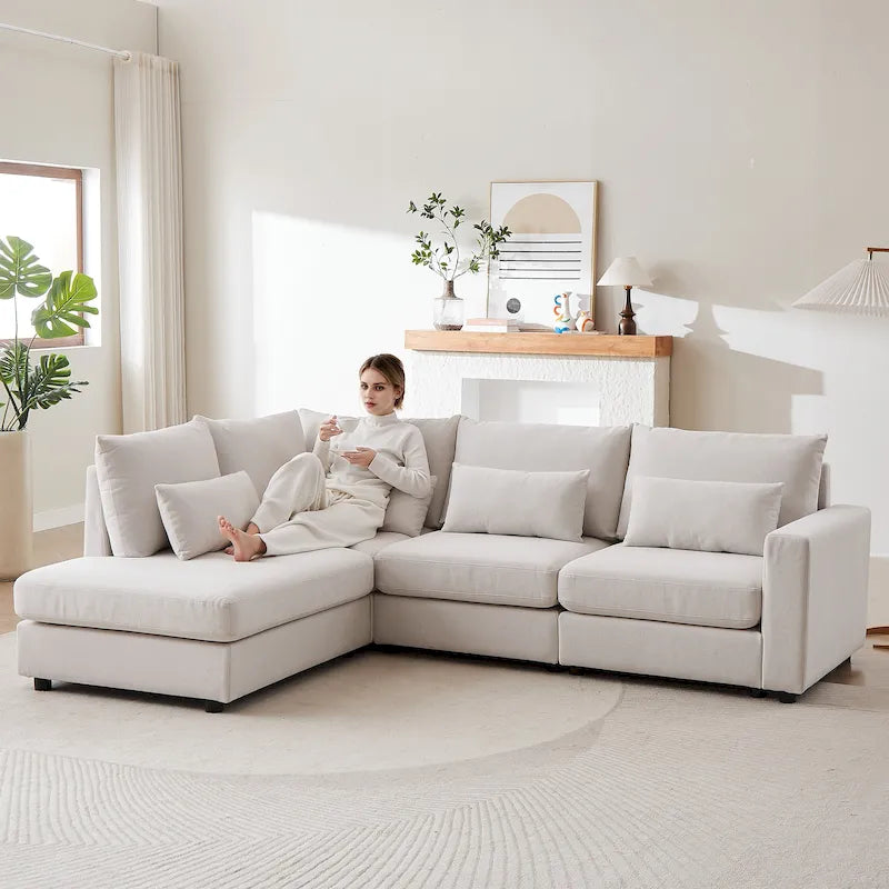 100.2 Linen L-Shaped Sectional Sofa Set with Ottoman and Lumbar Pillows 36