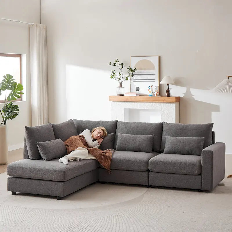 100.2 Linen L-Shaped Sectional Sofa Set with Ottoman and Lumbar Pillows 1