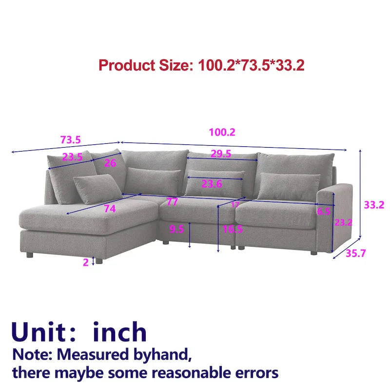 100.2 Linen L-Shaped Sectional Sofa Set with Ottoman and Lumbar Pillows 2