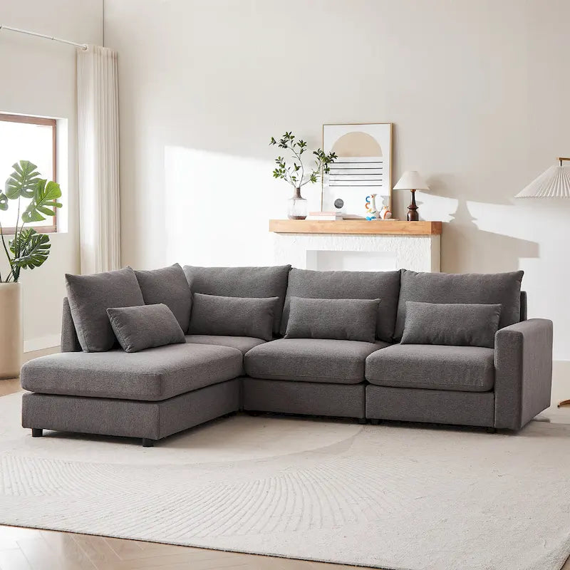 100.2 Linen L-Shaped Sectional Sofa Set with Ottoman and Lumbar Pillows 3