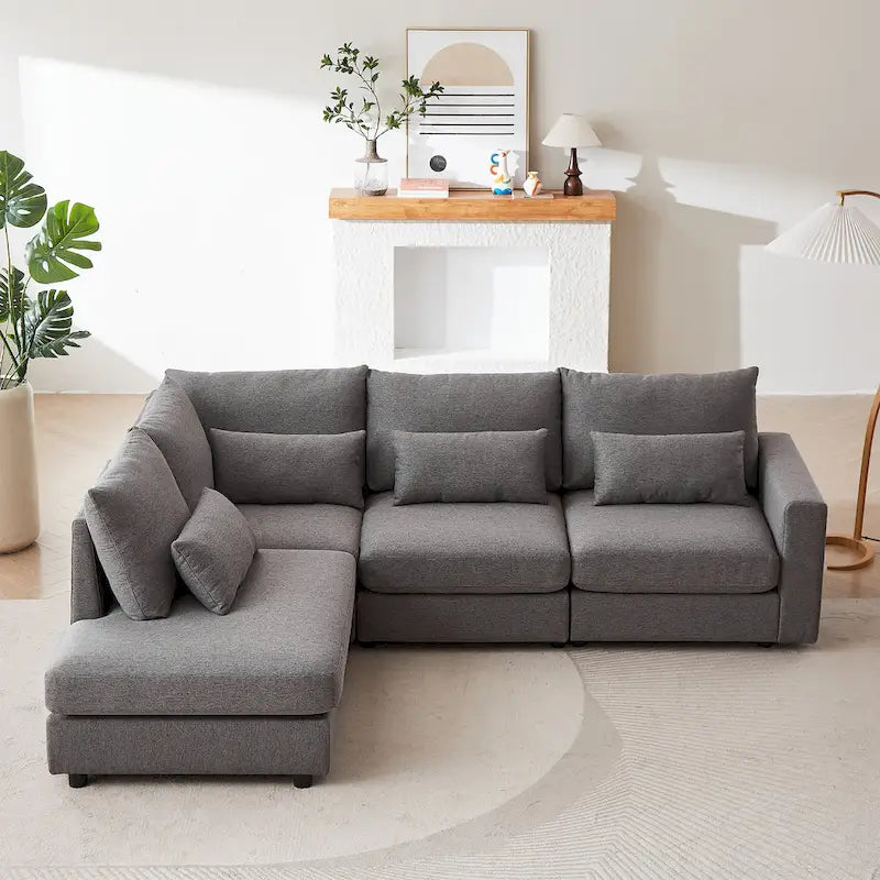100.2 Linen L-Shaped Sectional Sofa Set with Ottoman and Lumbar Pillows 4