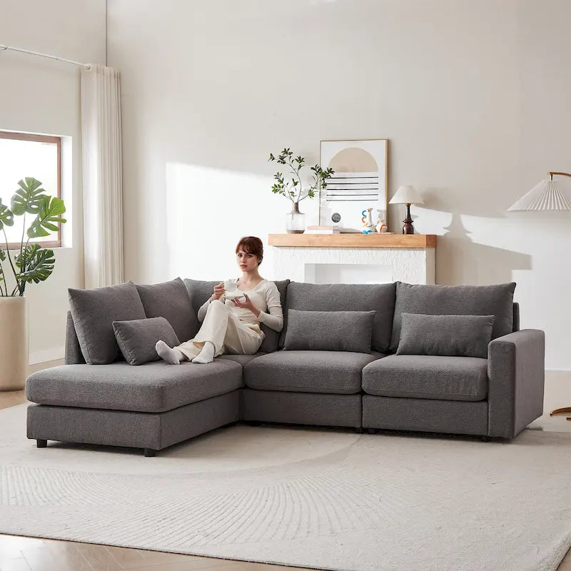 100.2 Linen L-Shaped Sectional Sofa Set with Ottoman and Lumbar Pillows 5