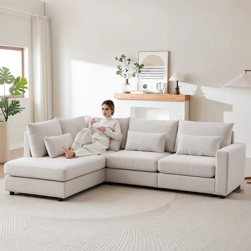 100.2 Linen L-Shaped Sectional Sofa Set with Ottoman and Lumbar Pillows 20