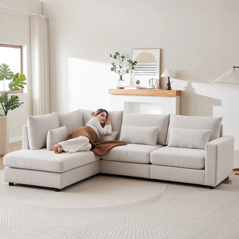 100.2 Linen L-Shaped Sectional Sofa Set with Ottoman and Lumbar Pillows 21