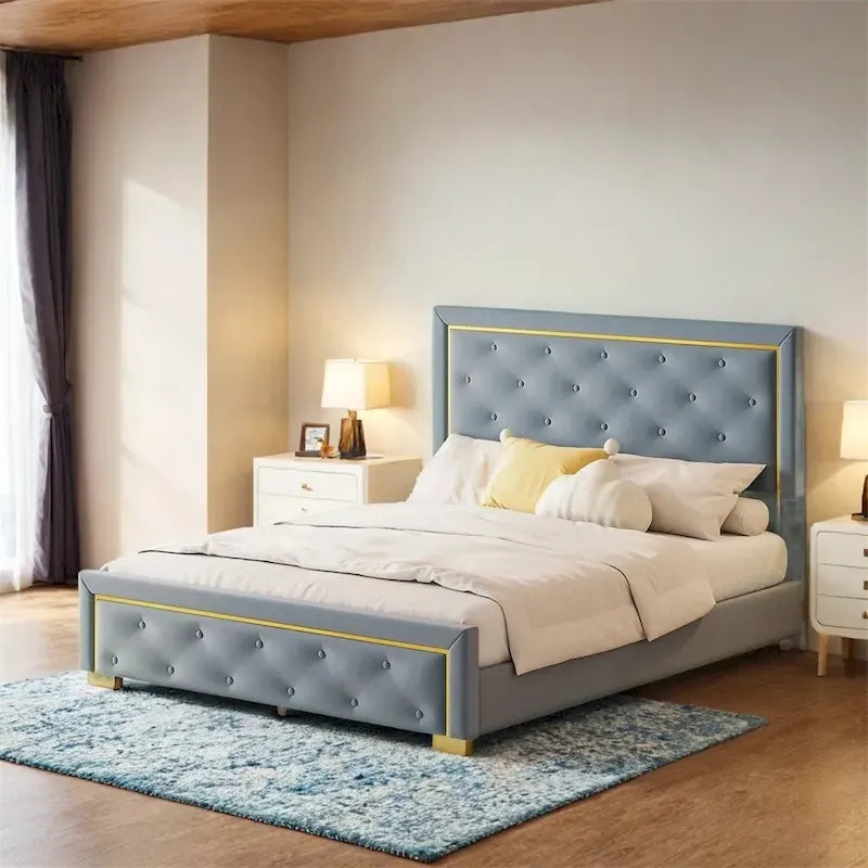 Queen Size Upholstered Platform Bed with Padded Headboard 1