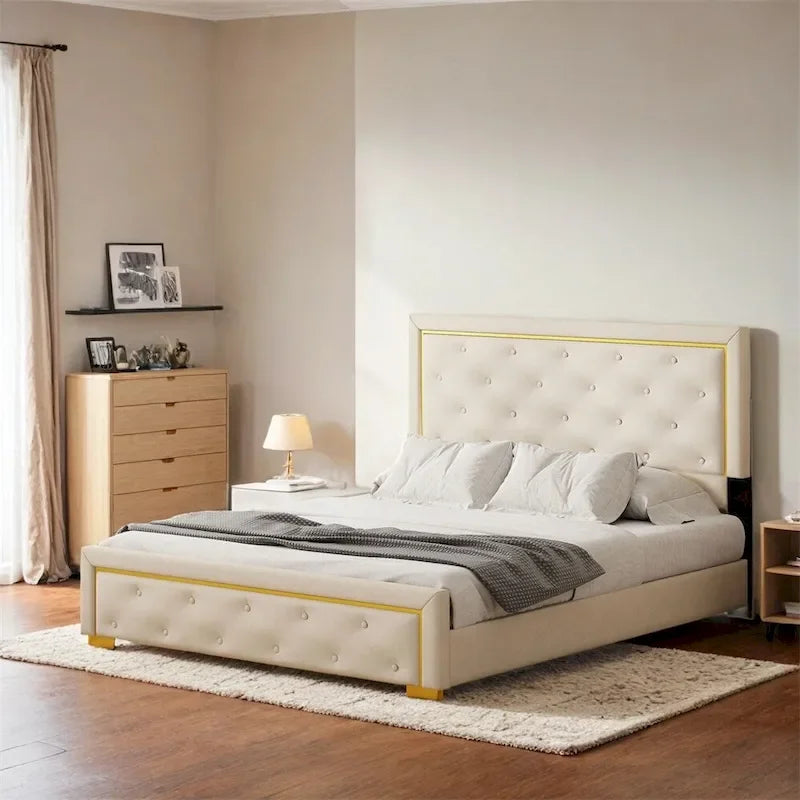 Queen Size Upholstered Platform Bed with Padded Headboard 2