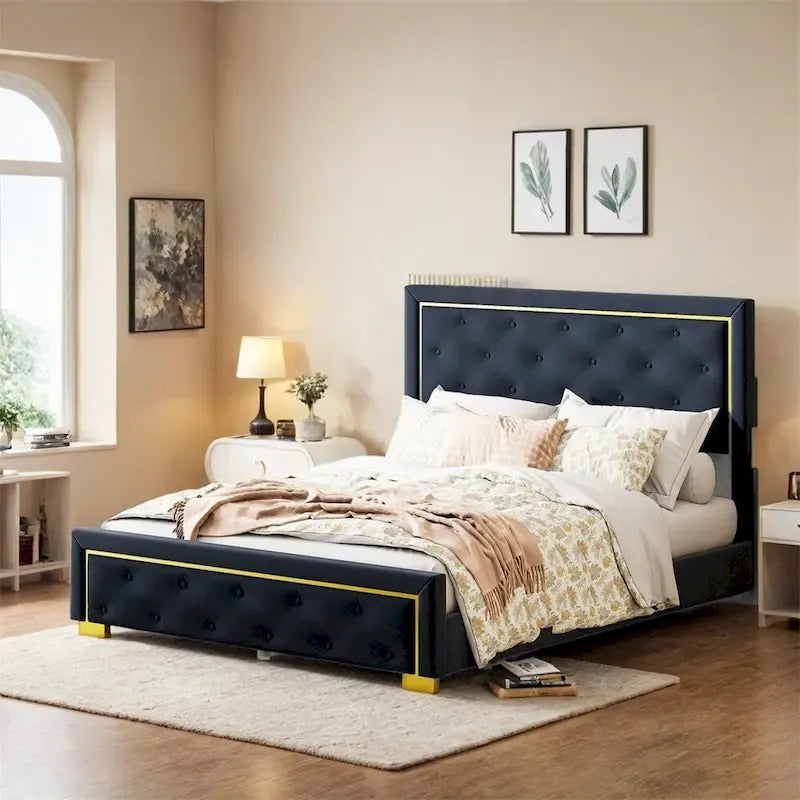 Queen Size Upholstered Platform Bed with Padded Headboard 3