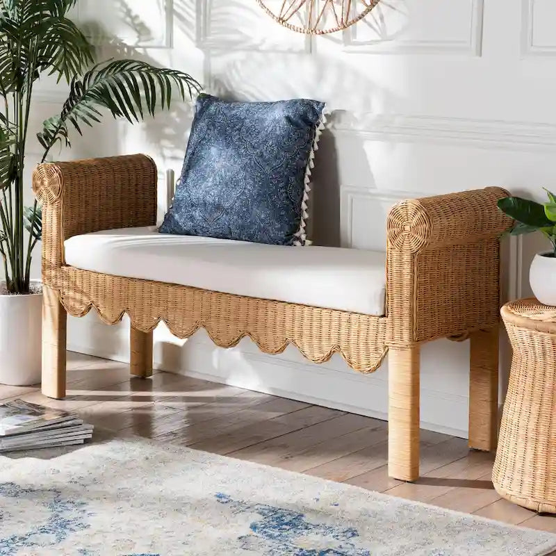 Reiko Handcrafted Natural Rattan Bench with Scalloped Design - Boho Farmhouse Seating for Entryway, Bedroom, or Living Room 1