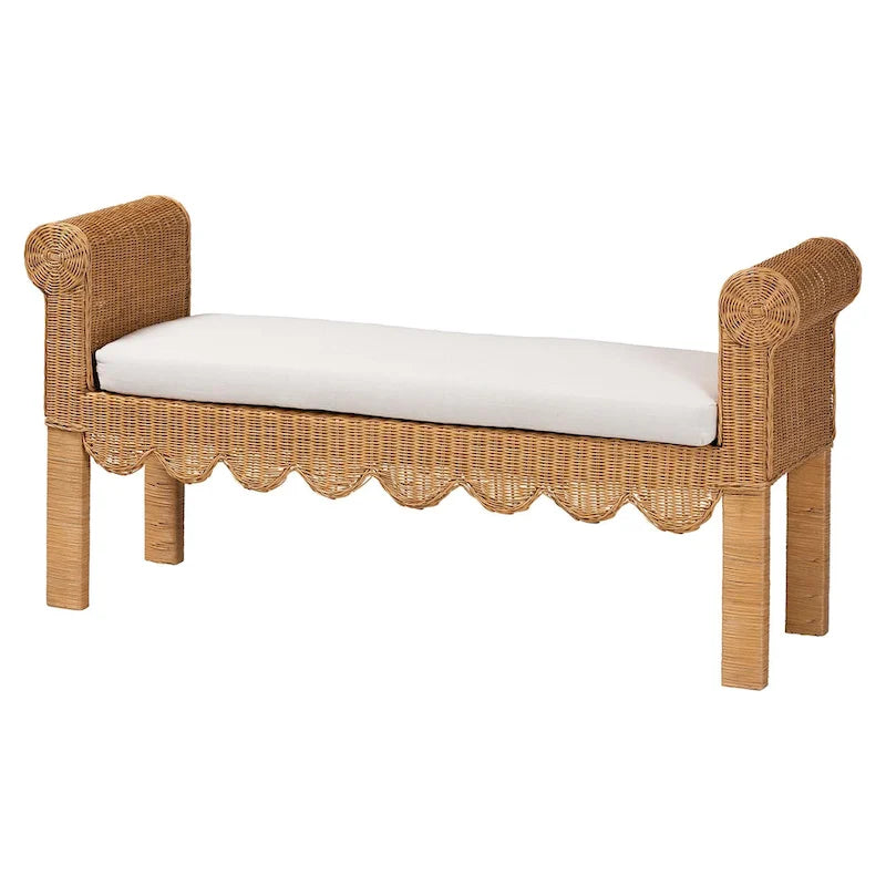 Reiko Handcrafted Natural Rattan Bench with Scalloped Design - Boho Farmhouse Seating for Entryway, Bedroom, or Living Room 2