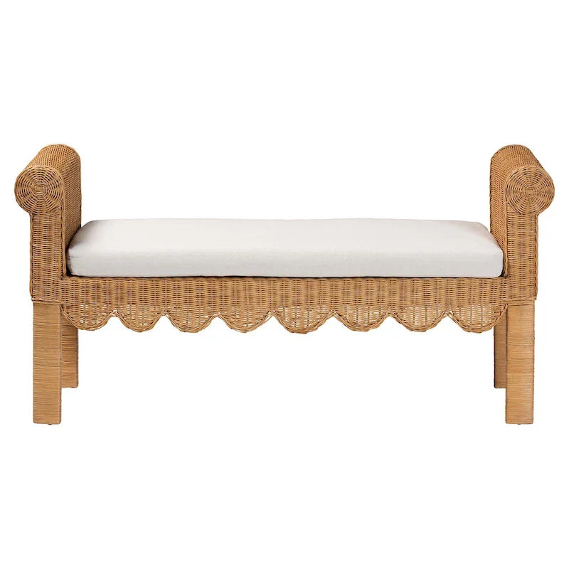 Reiko Handcrafted Natural Rattan Bench with Scalloped Design - Boho Farmhouse Seating for Entryway, Bedroom, or Living Room 3