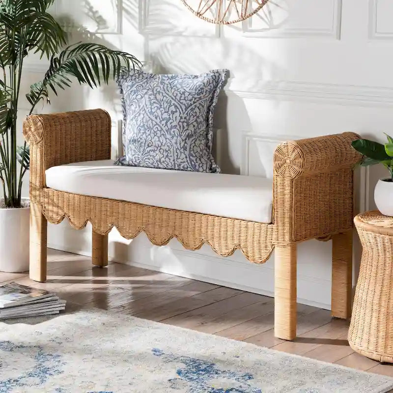 Reiko Handcrafted Natural Rattan Bench with Scalloped Design - Boho Farmhouse Seating for Entryway, Bedroom, or Living Room 8