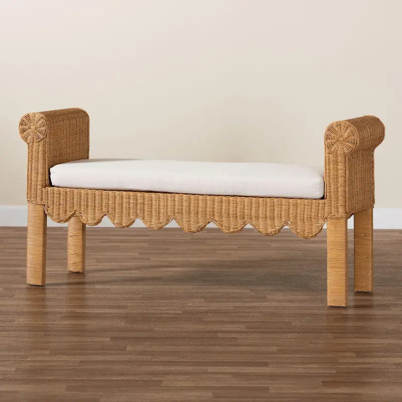 Reiko Handcrafted Natural Rattan Bench with Scalloped Design - Boho Farmhouse Seating for Entryway, Bedroom, or Living Room 9
