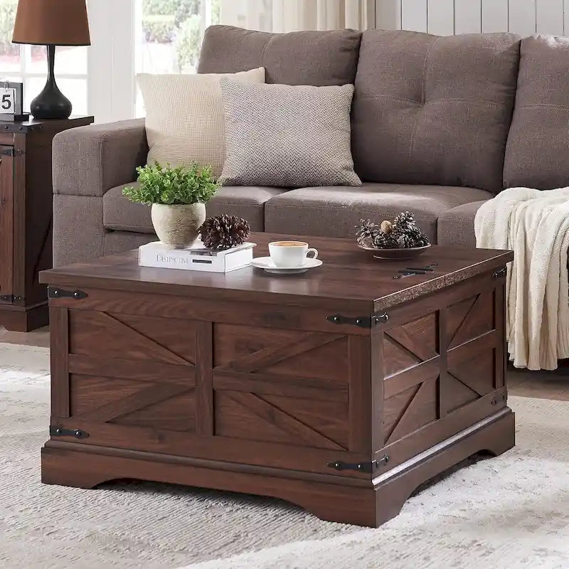Rustic Square Wood Coffee Table for Living Room - Farmhouse Style 26