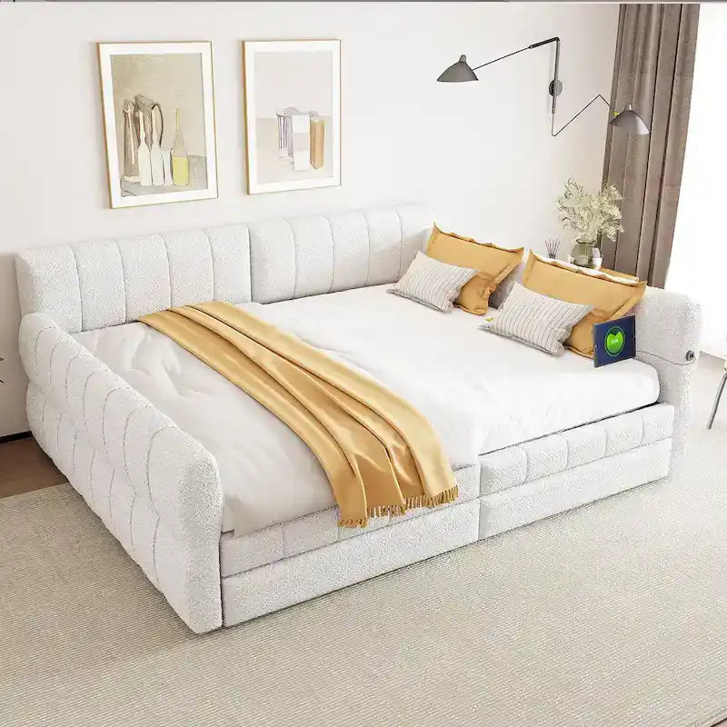 Upholstered Queen Size Daybed Sofa Bed with USB Ports and 2 Drawers - Vertical Stripes Recliner Loveseat Chaise Lounge 1