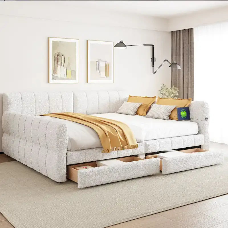 Upholstered Queen Size Daybed Sofa Bed with USB Ports and 2 Drawers - Vertical Stripes Recliner Loveseat Chaise Lounge 2