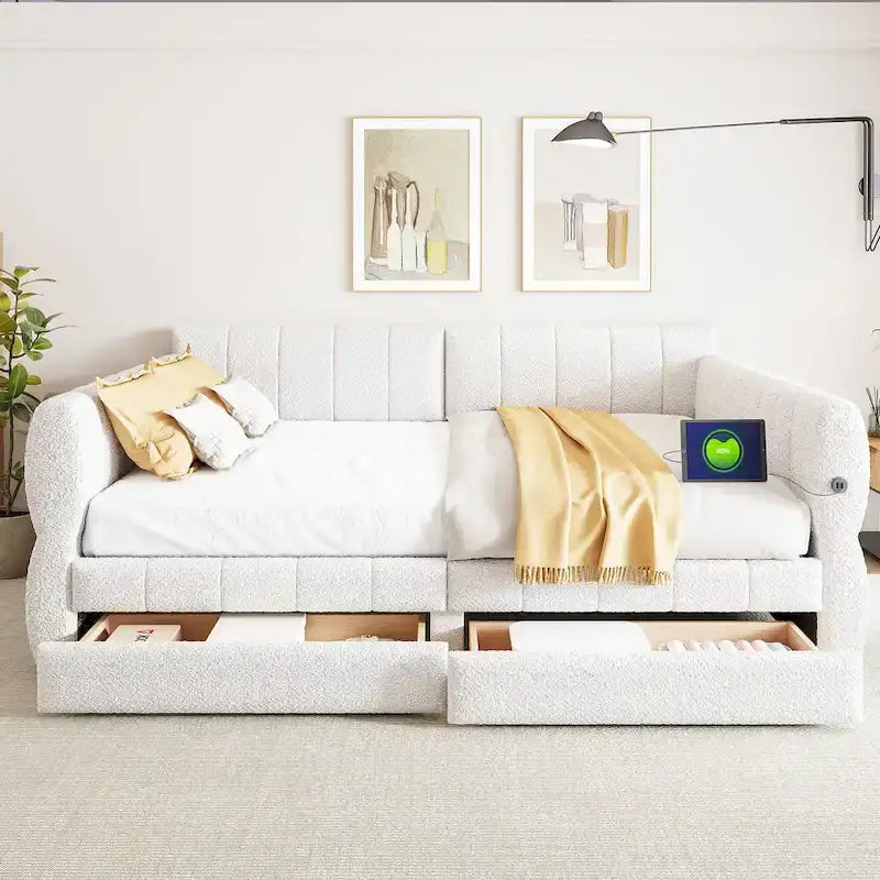 Upholstered Queen Size Daybed Sofa Bed with USB Ports and 2 Drawers - Vertical Stripes Recliner Loveseat Chaise Lounge 3