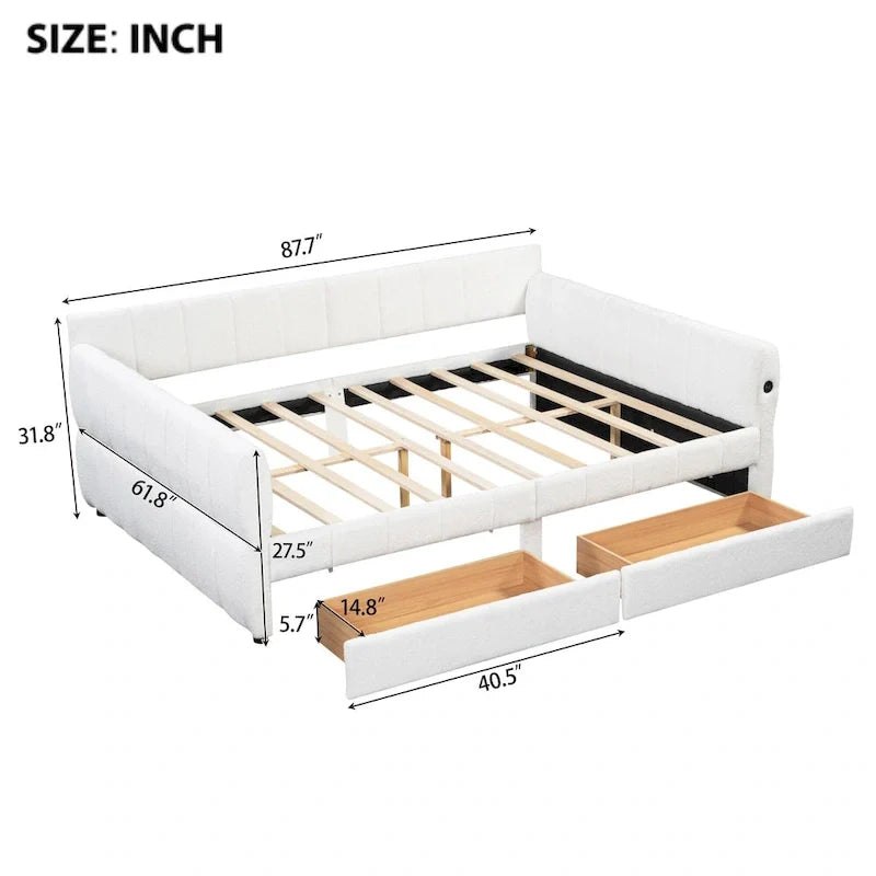 Upholstered Queen Size Daybed Sofa Bed with USB Ports and 2 Drawers - Vertical Stripes Recliner Loveseat Chaise Lounge 4