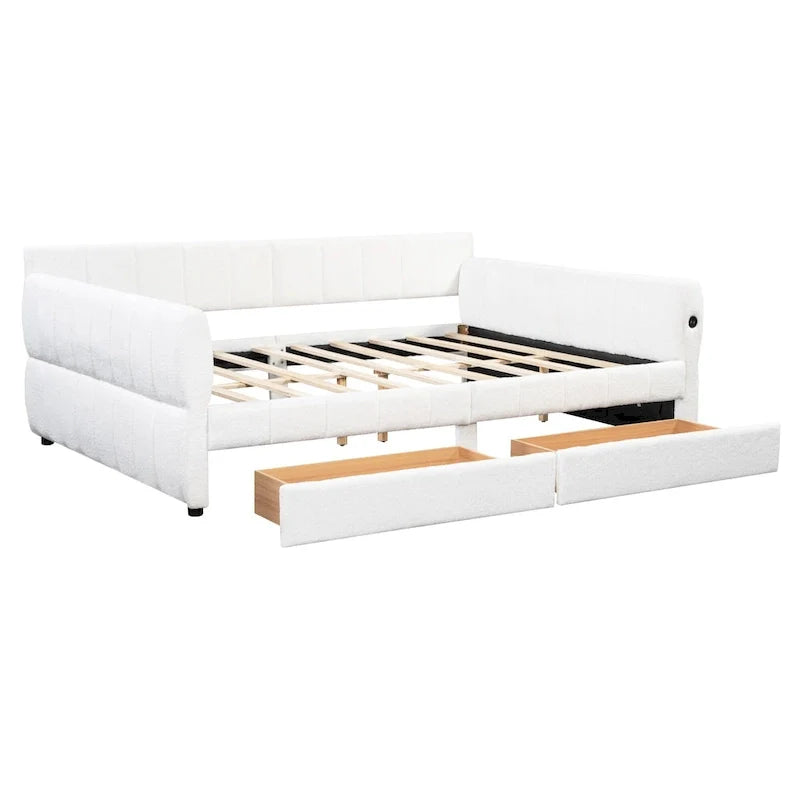 Upholstered Queen Size Daybed Sofa Bed with USB Ports and 2 Drawers - Vertical Stripes Recliner Loveseat Chaise Lounge 5