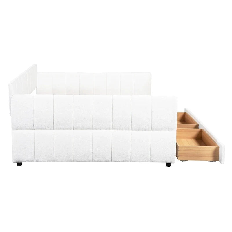Upholstered Queen Size Daybed Sofa Bed with USB Ports and 2 Drawers - Vertical Stripes Recliner Loveseat Chaise Lounge 7