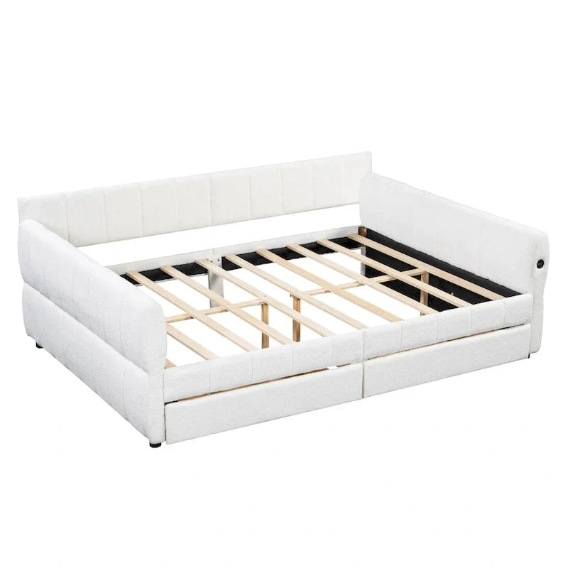 Upholstered Queen Size Daybed Sofa Bed with USB Ports and 2 Drawers - Vertical Stripes Recliner Loveseat Chaise Lounge 8