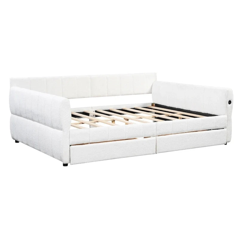Upholstered Queen Size Daybed Sofa Bed with USB Ports and 2 Drawers - Vertical Stripes Recliner Loveseat Chaise Lounge 9