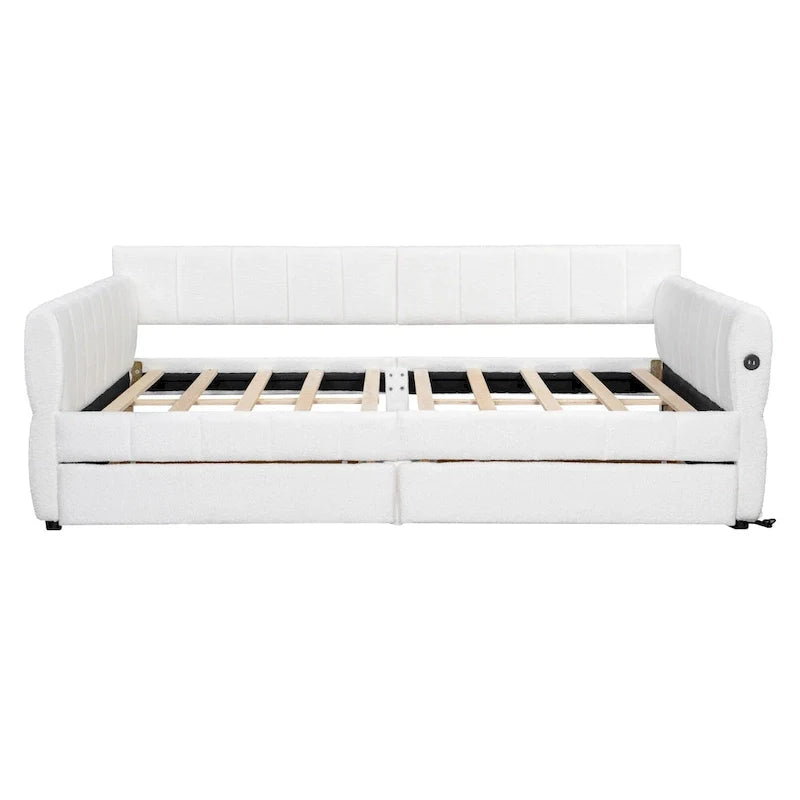 Upholstered Queen Size Daybed Sofa Bed with USB Ports and 2 Drawers - Vertical Stripes Recliner Loveseat Chaise Lounge 10