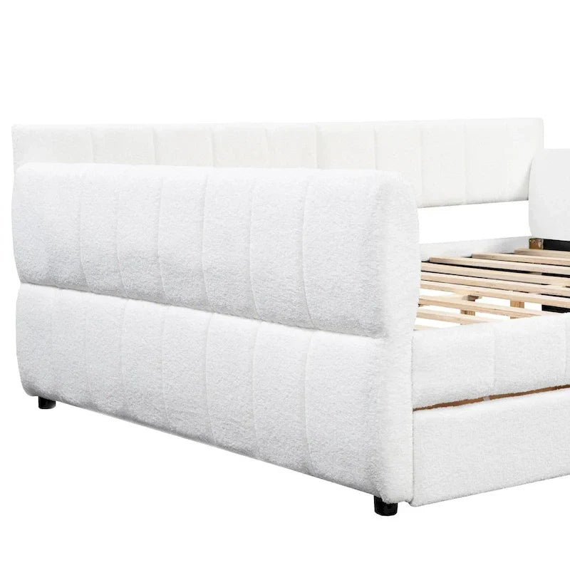 Upholstered Queen Size Daybed Sofa Bed with USB Ports and 2 Drawers - Vertical Stripes Recliner Loveseat Chaise Lounge 11