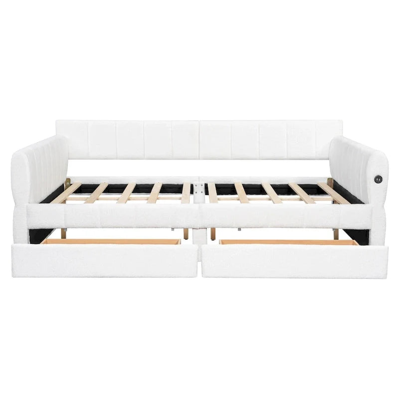 Upholstered Queen Size Daybed Sofa Bed with USB Ports and 2 Drawers - Vertical Stripes Recliner Loveseat Chaise Lounge 13
