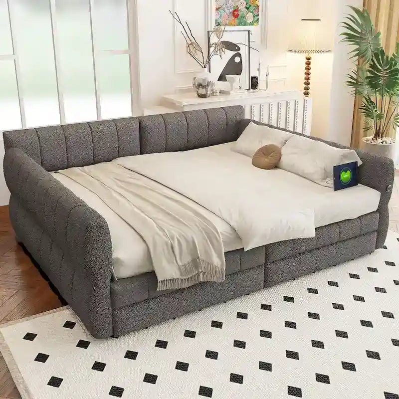 Upholstered Queen Size Daybed Sofa Bed with USB Ports and 2 Drawers - Vertical Stripes Recliner Loveseat Chaise Lounge 15
