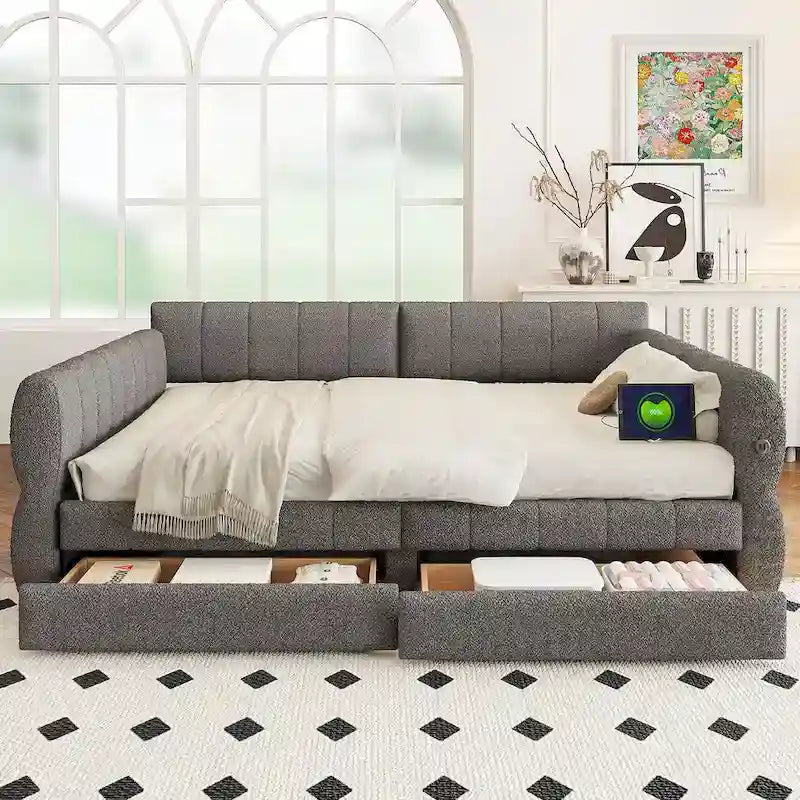 Upholstered Queen Size Daybed Sofa Bed with USB Ports and 2 Drawers - Vertical Stripes Recliner Loveseat Chaise Lounge 16