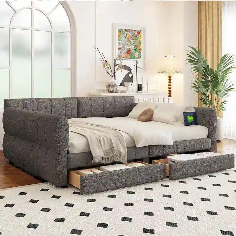 Upholstered Queen Size Daybed Sofa Bed with USB Ports and 2 Drawers - Vertical Stripes Recliner Loveseat Chaise Lounge 17