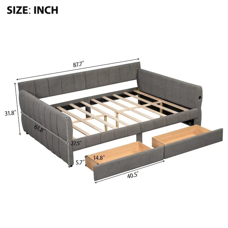 Upholstered Queen Size Daybed Sofa Bed with USB Ports and 2 Drawers - Vertical Stripes Recliner Loveseat Chaise Lounge 18