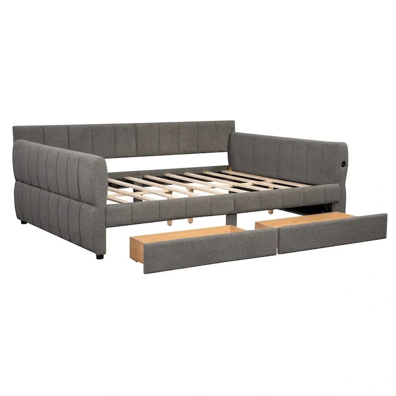 Upholstered Queen Size Daybed Sofa Bed with USB Ports and 2 Drawers - Vertical Stripes Recliner Loveseat Chaise Lounge 20