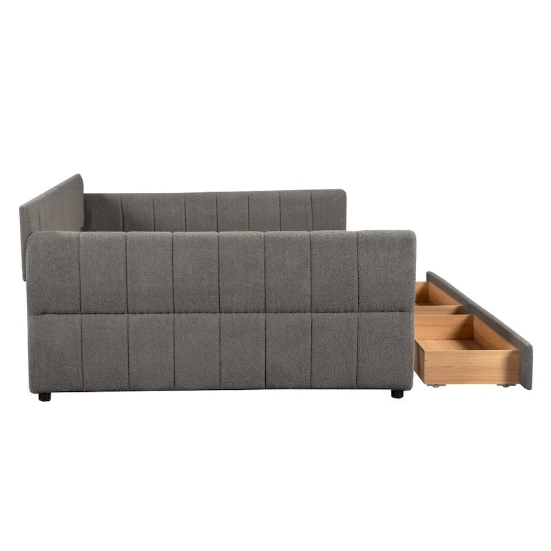Upholstered Queen Size Daybed Sofa Bed with USB Ports and 2 Drawers - Vertical Stripes Recliner Loveseat Chaise Lounge 23
