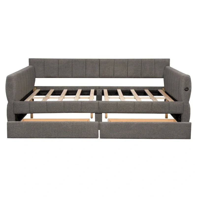 Upholstered Queen Size Daybed Sofa Bed with USB Ports and 2 Drawers - Vertical Stripes Recliner Loveseat Chaise Lounge 24