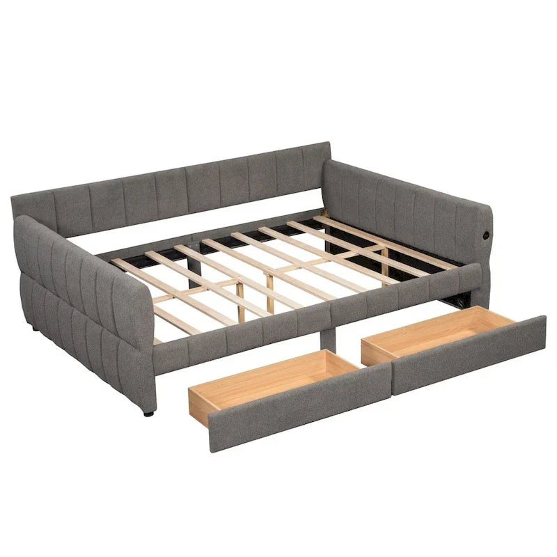 Upholstered Queen Size Daybed Sofa Bed with USB Ports and 2 Drawers - Vertical Stripes Recliner Loveseat Chaise Lounge 25