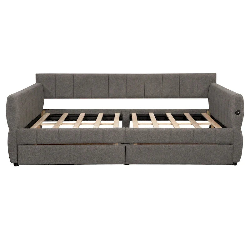 Upholstered Queen Size Daybed Sofa Bed with USB Ports and 2 Drawers - Vertical Stripes Recliner Loveseat Chaise Lounge 26