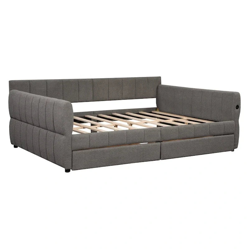 Upholstered Queen Size Daybed Sofa Bed with USB Ports and 2 Drawers - Vertical Stripes Recliner Loveseat Chaise Lounge 27